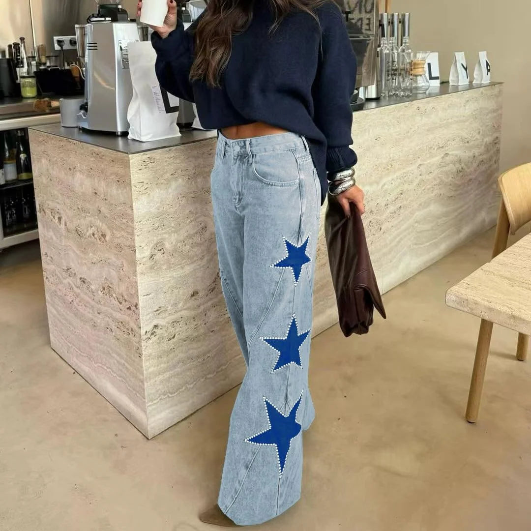 Calça de ganga feminina de corte reto