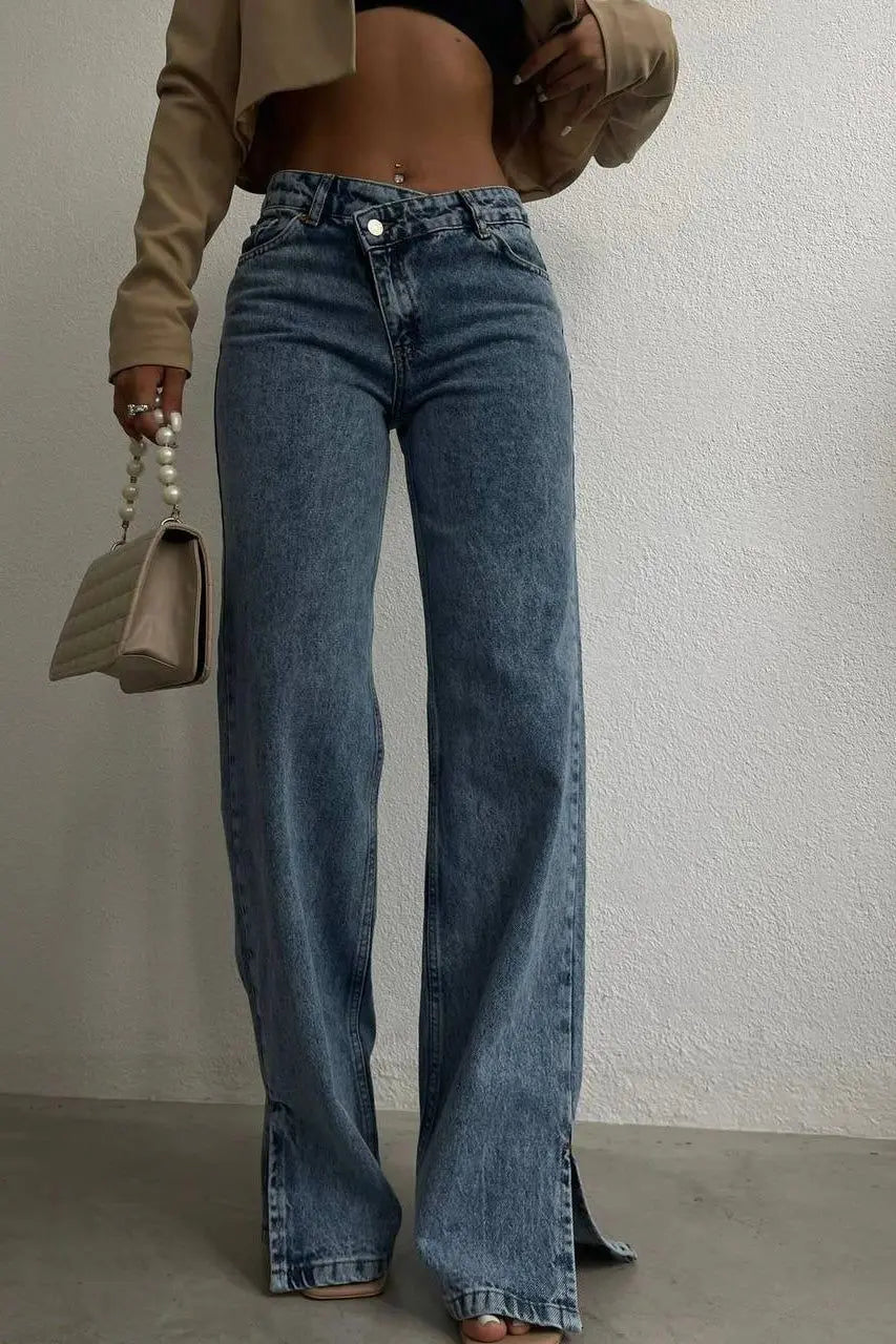 Calça de ganga de mulher de corte regular, estilo High Street.