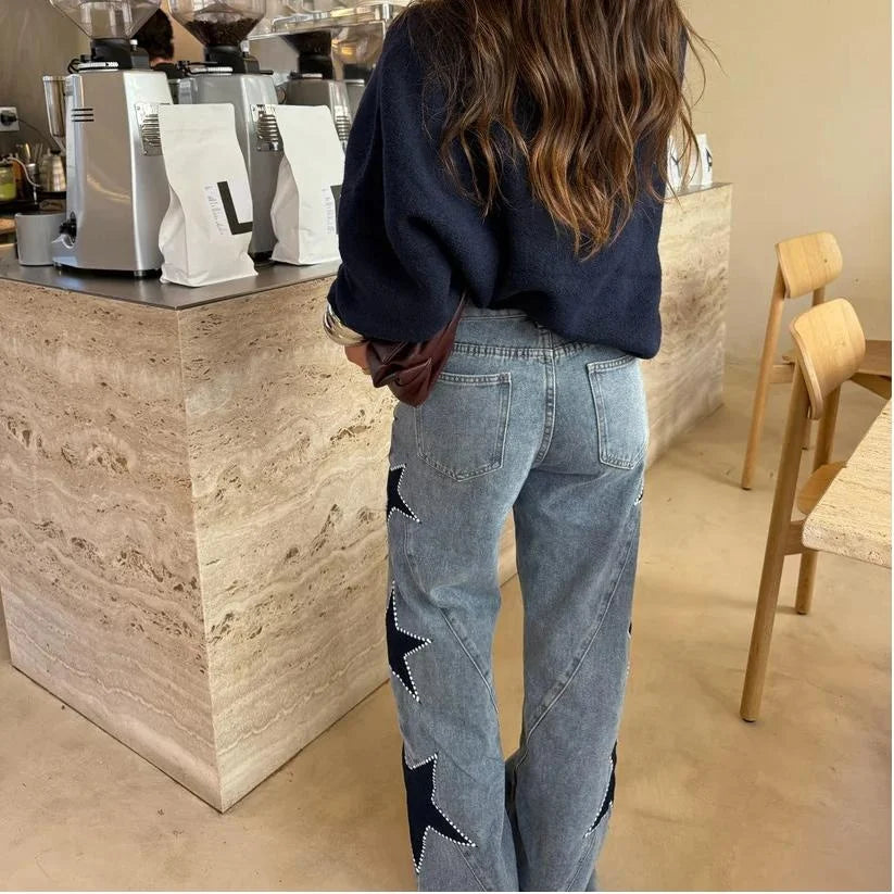 Calça de ganga feminina de corte reto