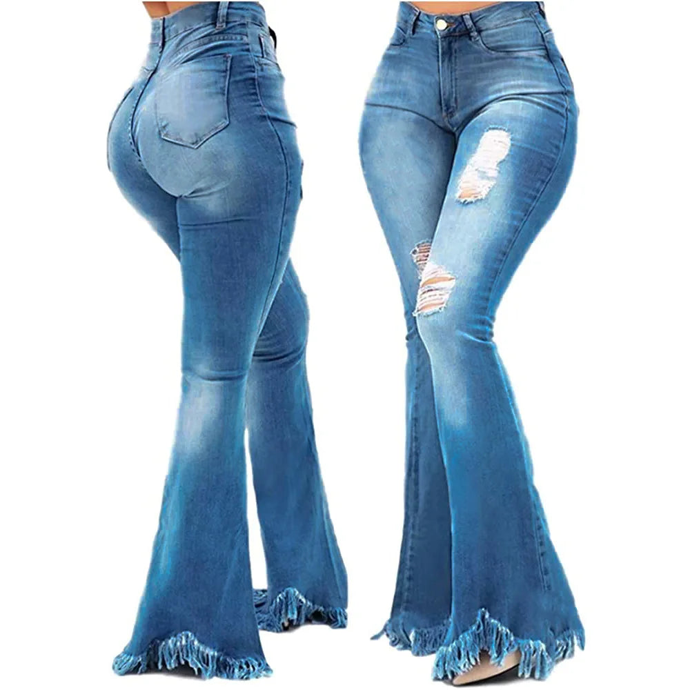 Calça de ganga slim de perna larga, versátil e moderna
