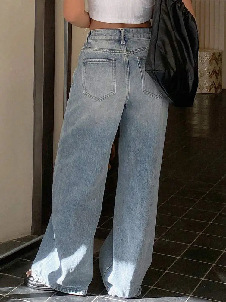 Calça de ganga de mulher de corte regular, estilo High Street.