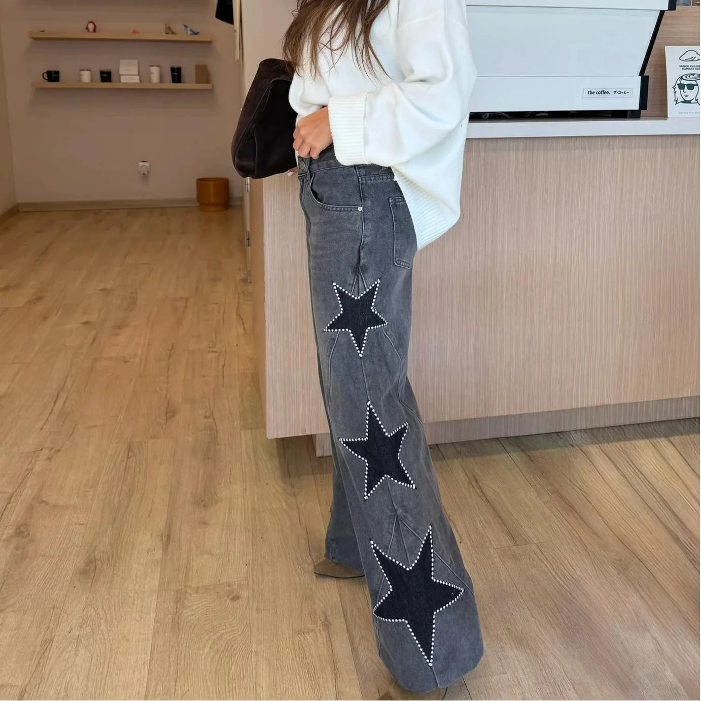 Calça de ganga feminina de corte reto