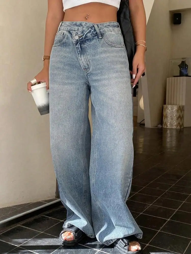 Calça de ganga de mulher de corte regular, estilo High Street.