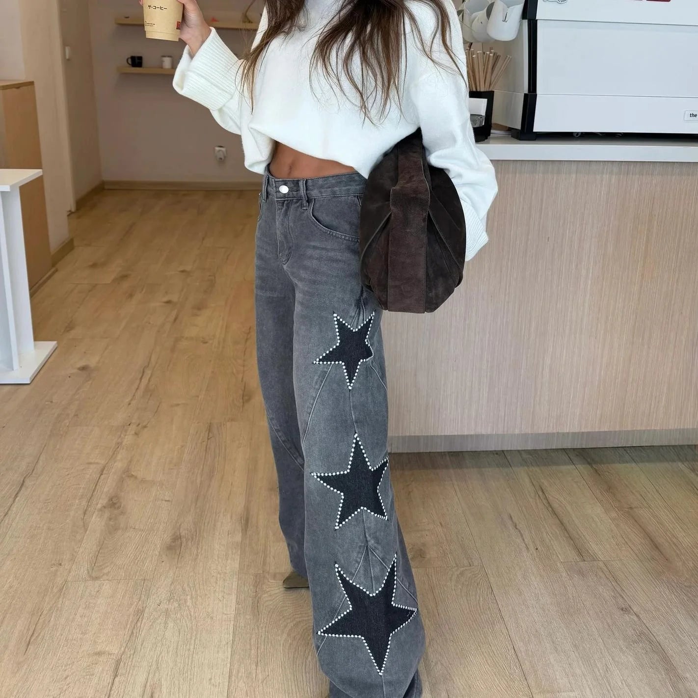 Calça de ganga feminina de corte reto