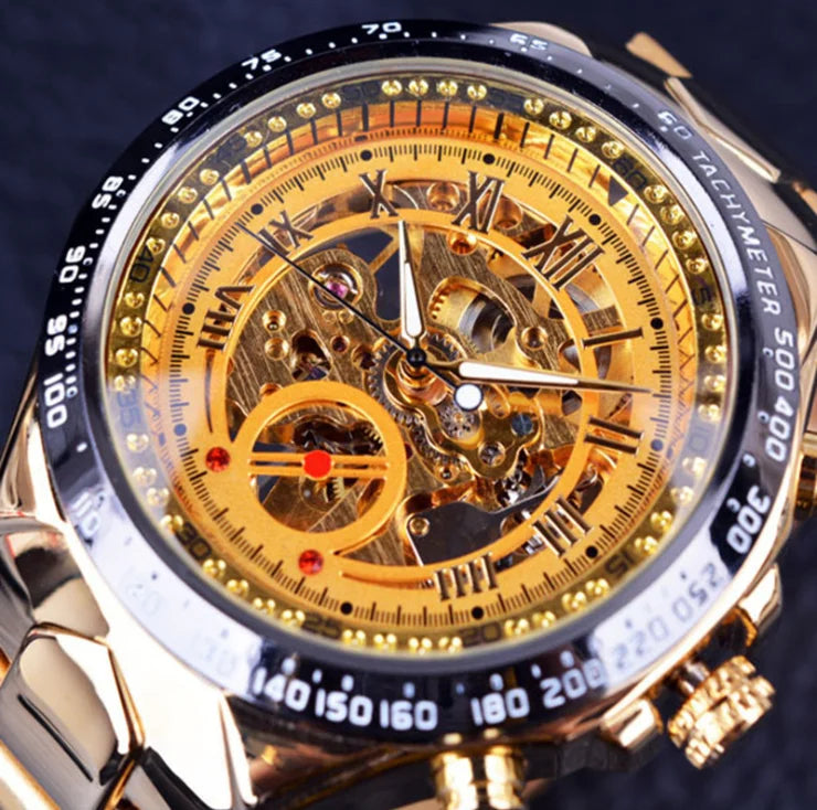 Relógio mecânico de luxo dourado para homem
