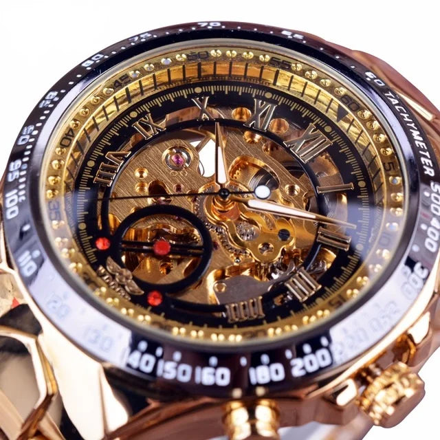 Relógio mecânico de luxo dourado para homem