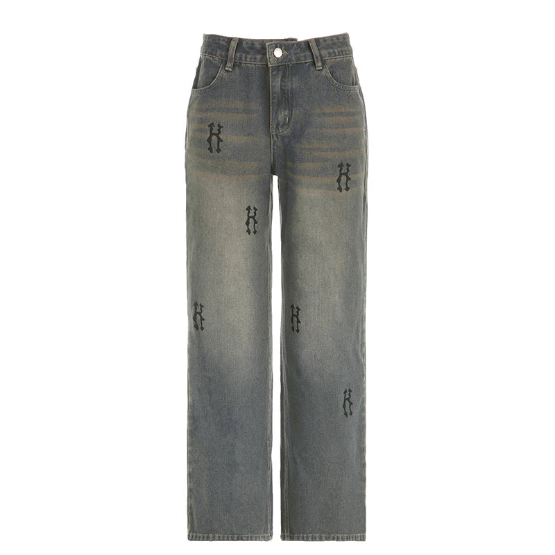 Y2K Low Rise Baggy Denim Jeans Women Casual Breathable Eco-Friendly Loose Wide Leg Color Block Contrast Letter Print Summer