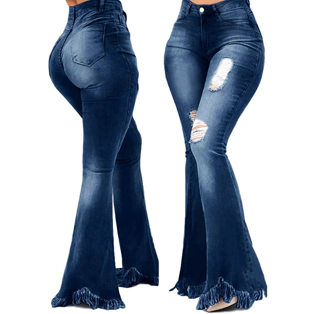 Calça de ganga slim de perna larga, versátil e moderna