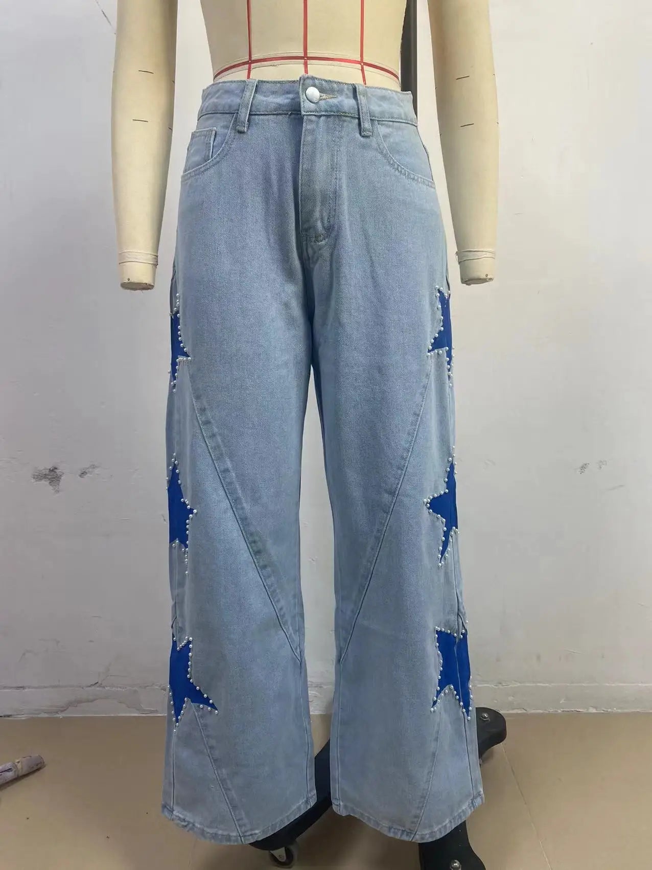 Calça de ganga feminina de corte reto