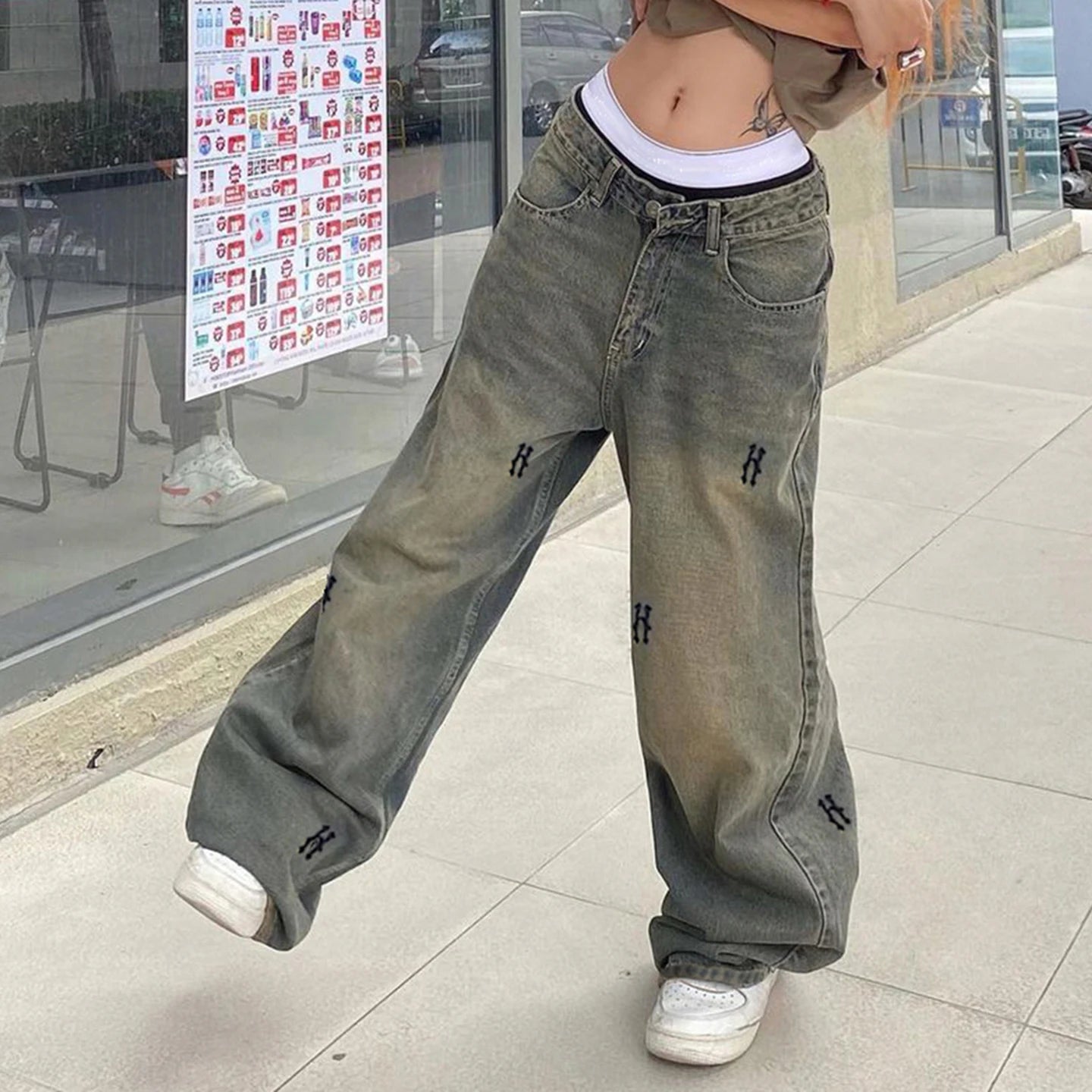 Y2K Low Rise Baggy Denim Jeans Women Casual Breathable Eco-Friendly Loose Wide Leg Color Block Contrast Letter Print Summer