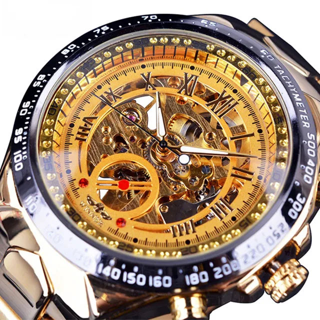 Relógio mecânico de luxo dourado para homem
