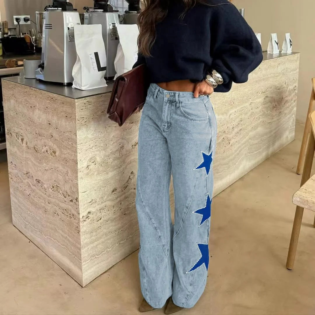 Calça de ganga feminina de corte reto