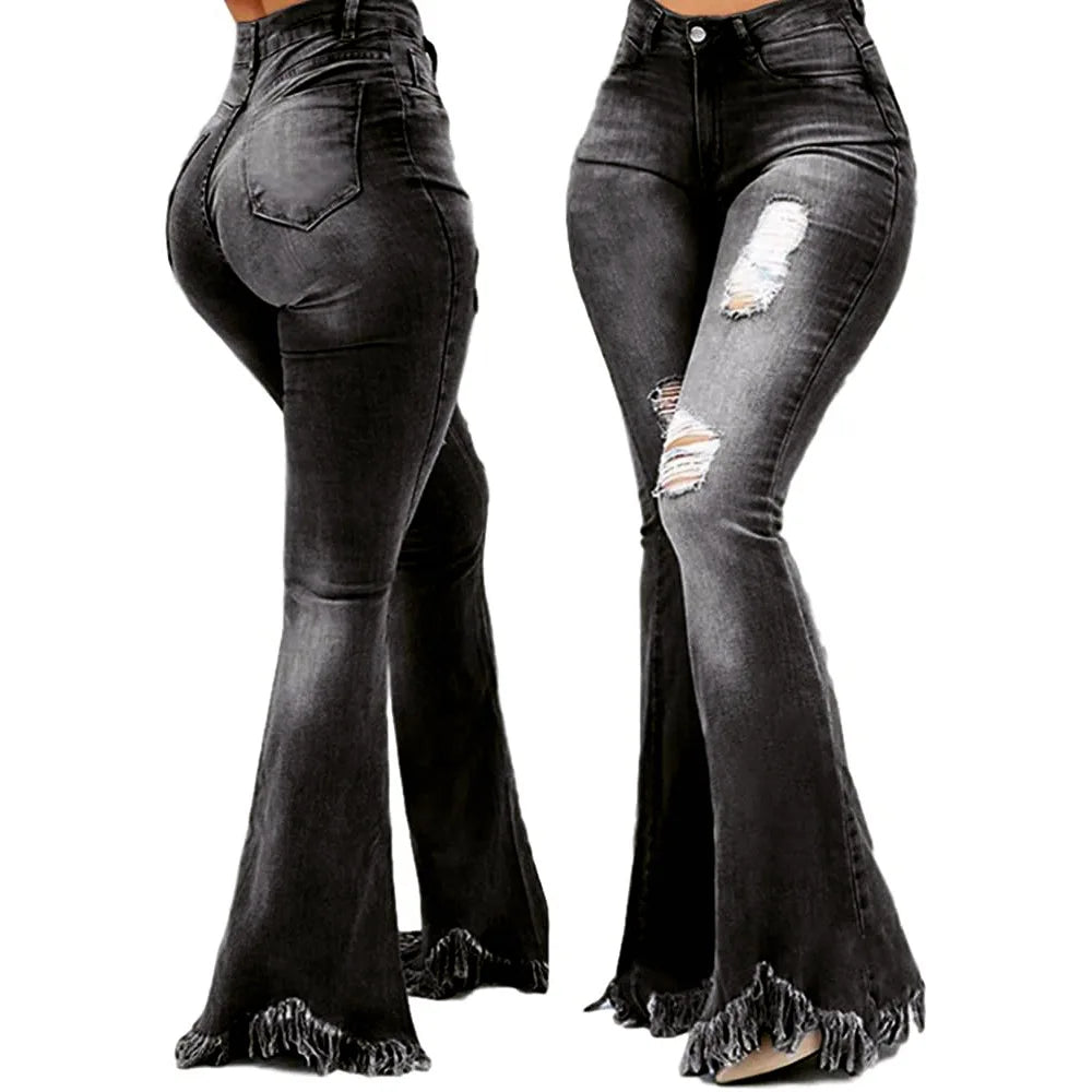 Calça de ganga slim de perna larga, versátil e moderna