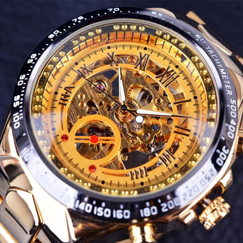 Relógio mecânico de luxo dourado para homem