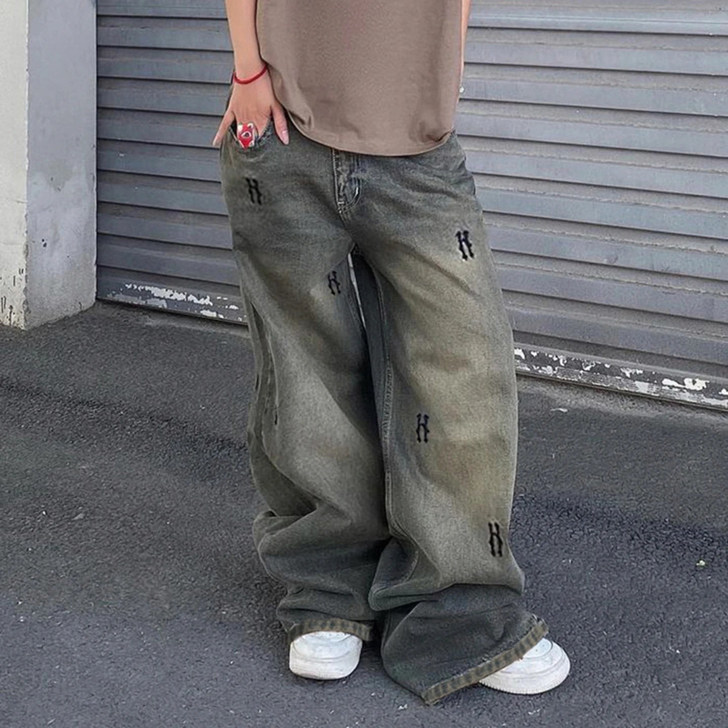 Y2K Low Rise Baggy Denim Jeans Women Casual Breathable Eco-Friendly Loose Wide Leg Color Block Contrast Letter Print Summer