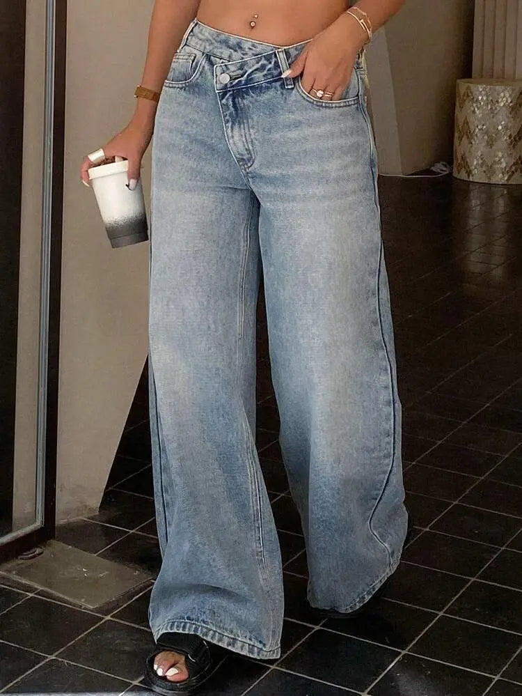 Calça de ganga de mulher de corte regular, estilo High Street.