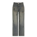 Y2K Low Rise Baggy Denim Jeans Women Casual Breathable Eco-Friendly Loose Wide Leg Color Block Contrast Letter Print Summer