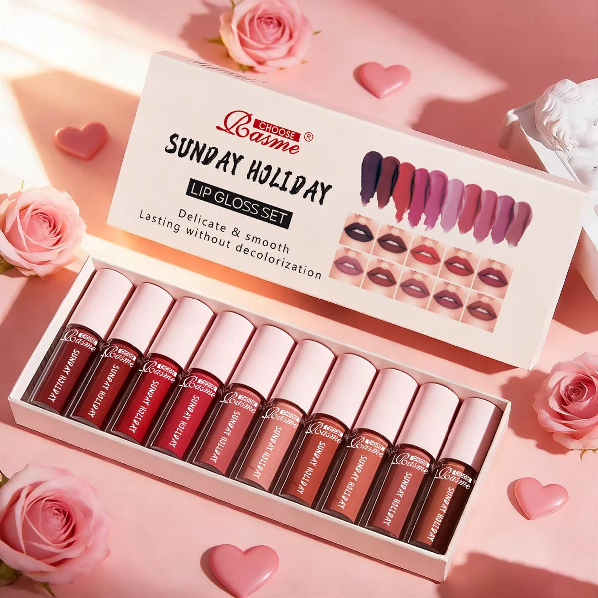 Conjunto de 10 Peças de Brilho Labial e Batom Aveludado